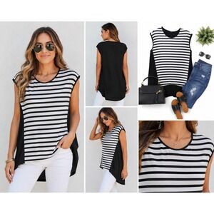 Maldita Menor Sheer Stripe Tunic Top Womens L Black White High Low Oversized
